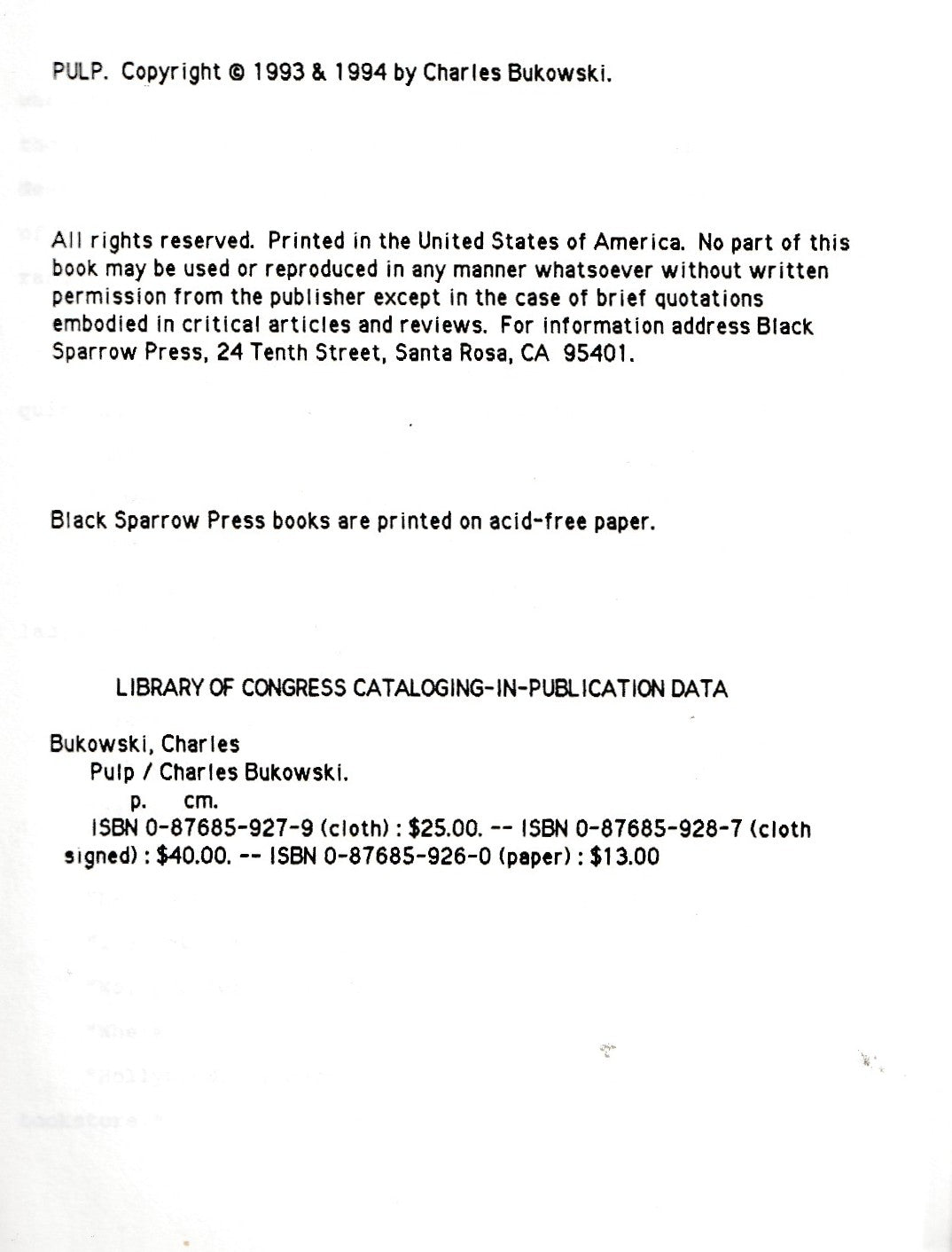 Pulp by Charles Bukowski -- Confidential Advanced Typescript Initialed by John Martin (#10/10)