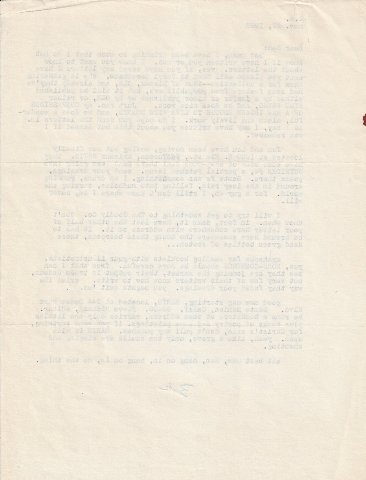 Charles Bukowski Letters to Ben Tibbs, 1963-1967 — Eleven Original Letters with Drawings