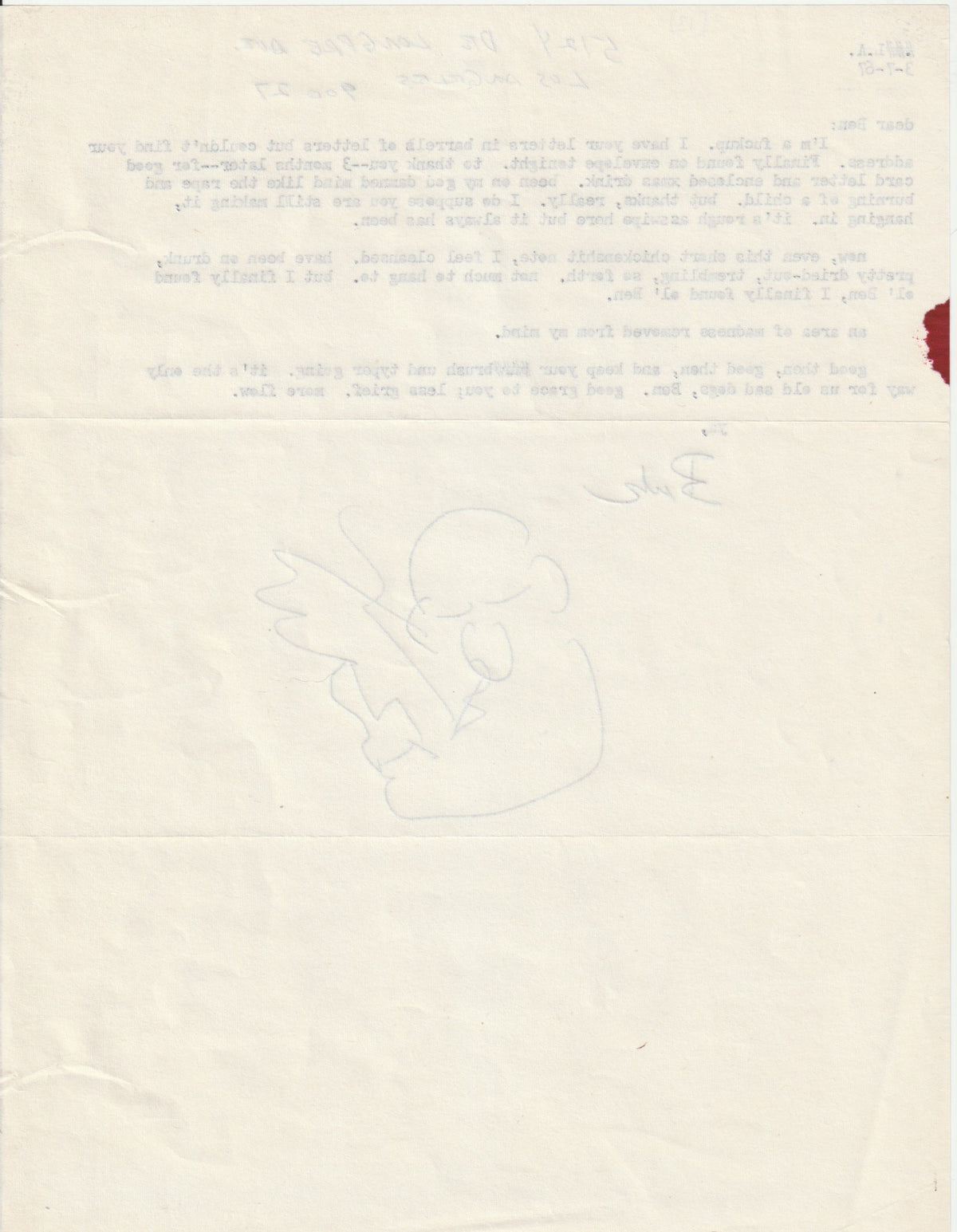 Charles Bukowski Letters to Ben Tibbs, 1963-1967 — Eleven Original Letters with Drawings
