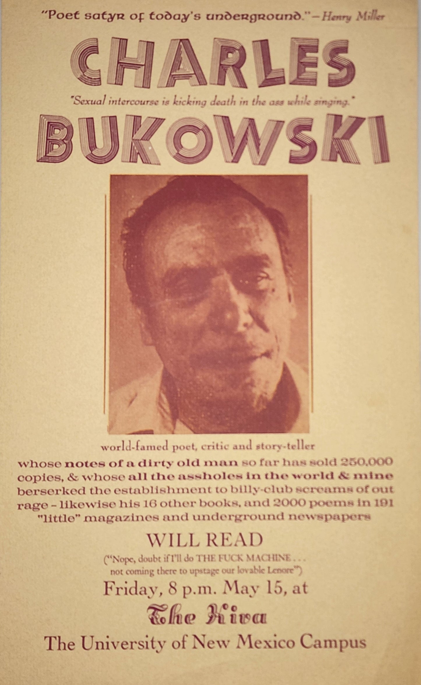 Flyer for Bukowski Reading at New Mexico University: Produced by LouJon Press