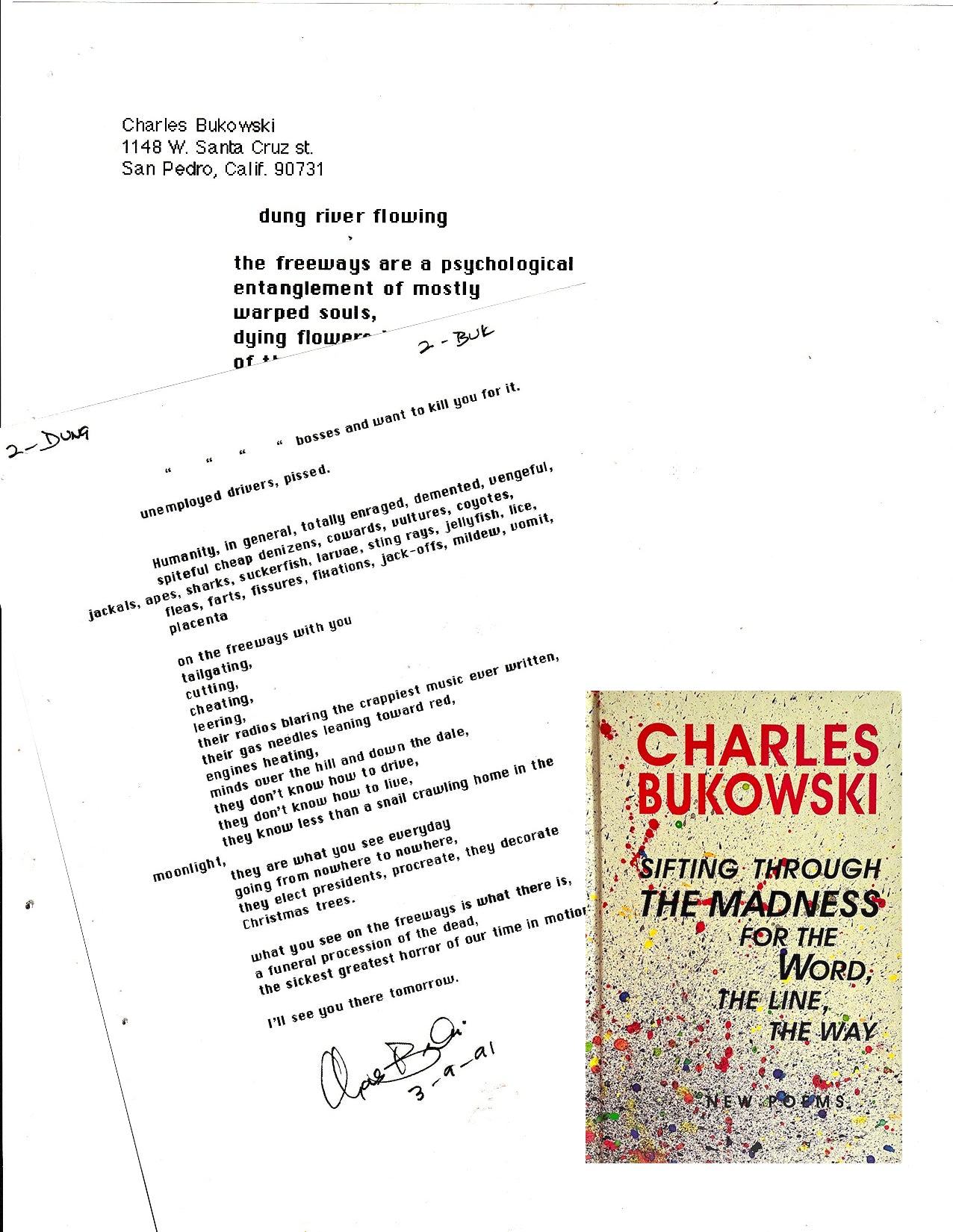 Signed Manuscript by Charles Bukowski: dung river floating