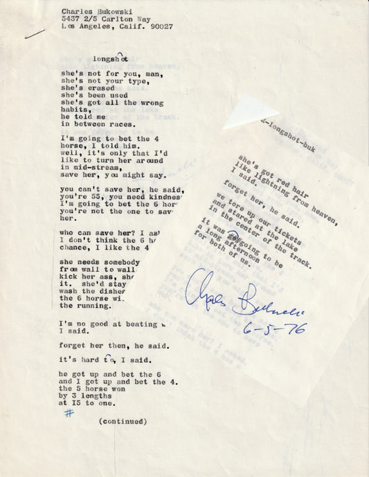Longshot: Signed Manuscript by Charles Bukowski