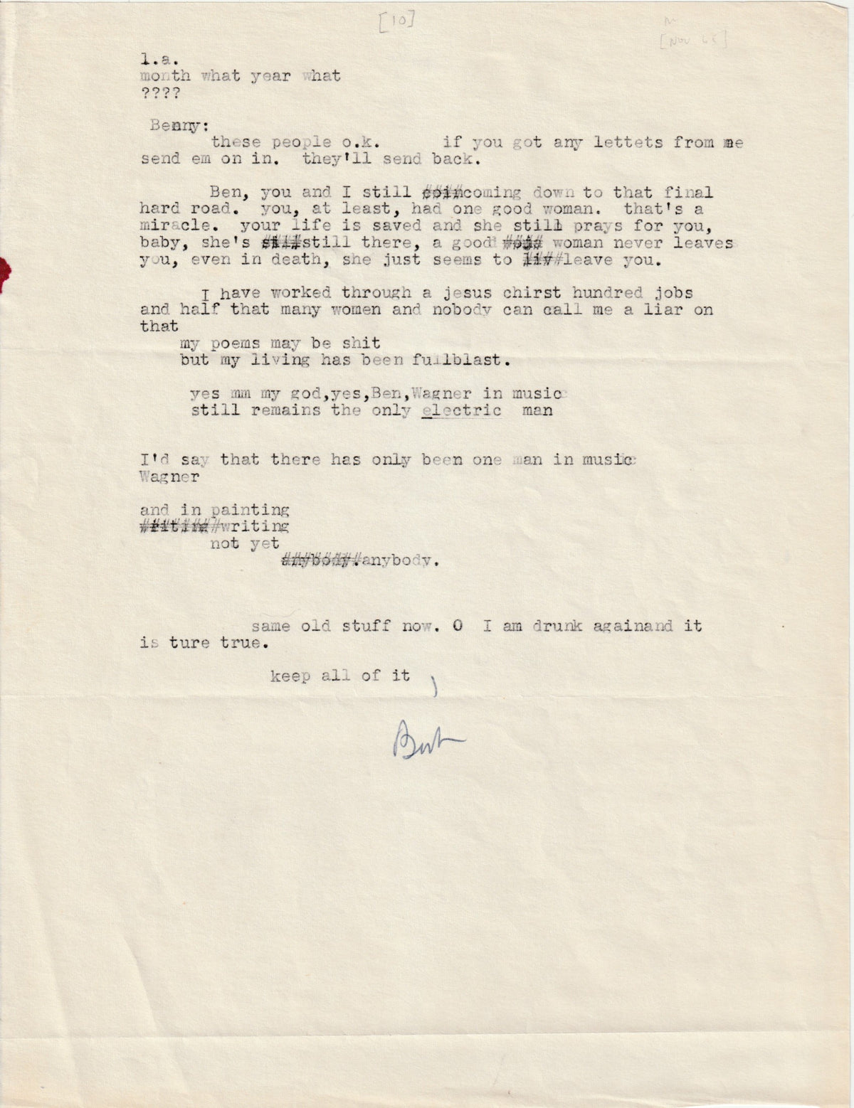 Charles Bukowski Letters to Ben Tibbs, 1963-1967 — Eleven Original Letters with Drawings