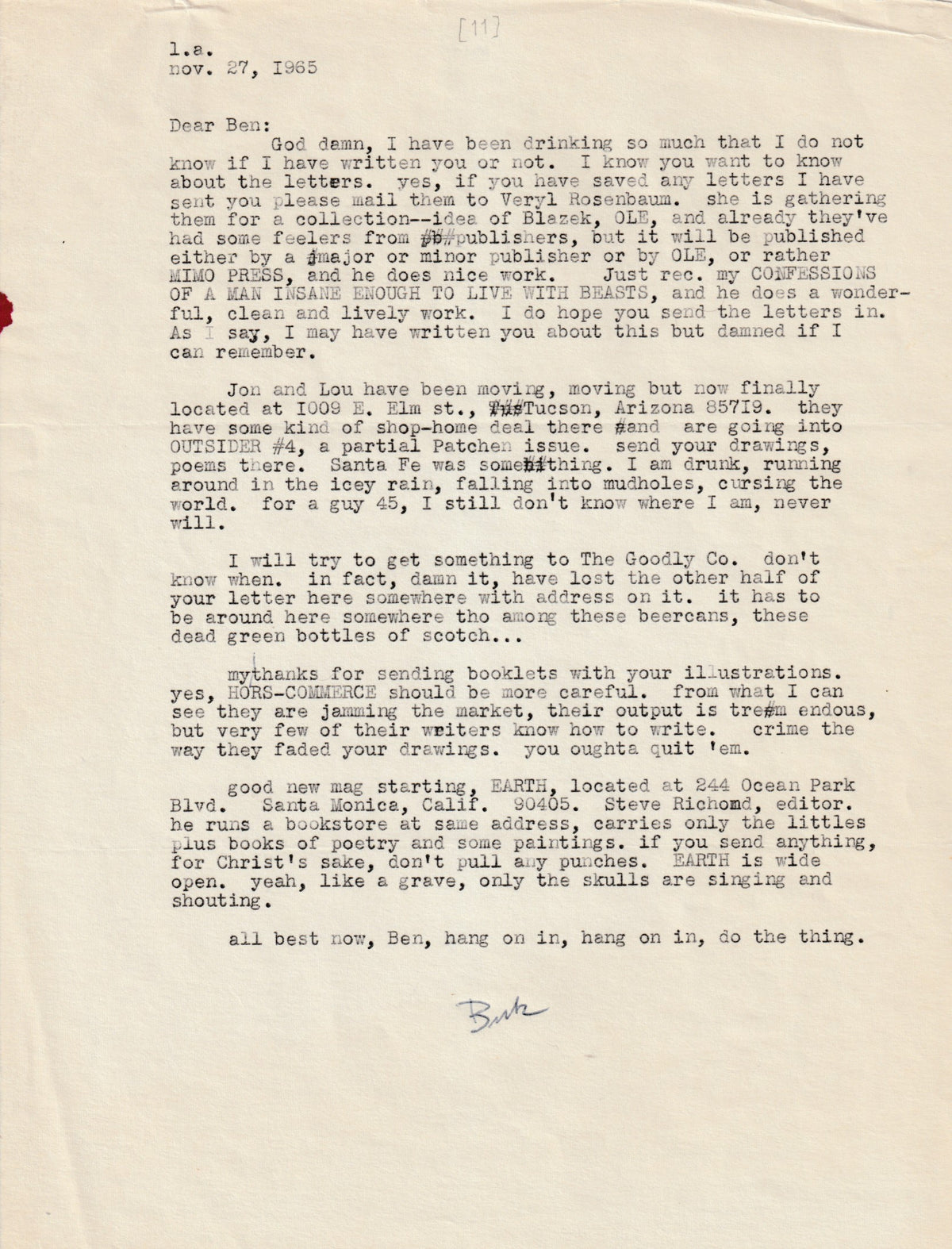Charles Bukowski Letters to Ben Tibbs, 1963-1967 — Eleven Original Letters with Drawings