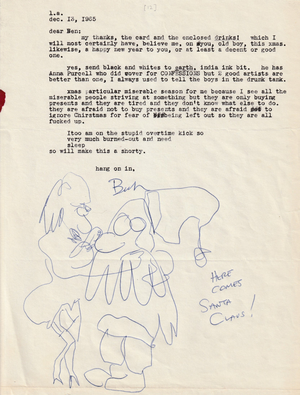 Charles Bukowski Letters to Ben Tibbs, 1963-1967 — Eleven Original Letters with Drawings