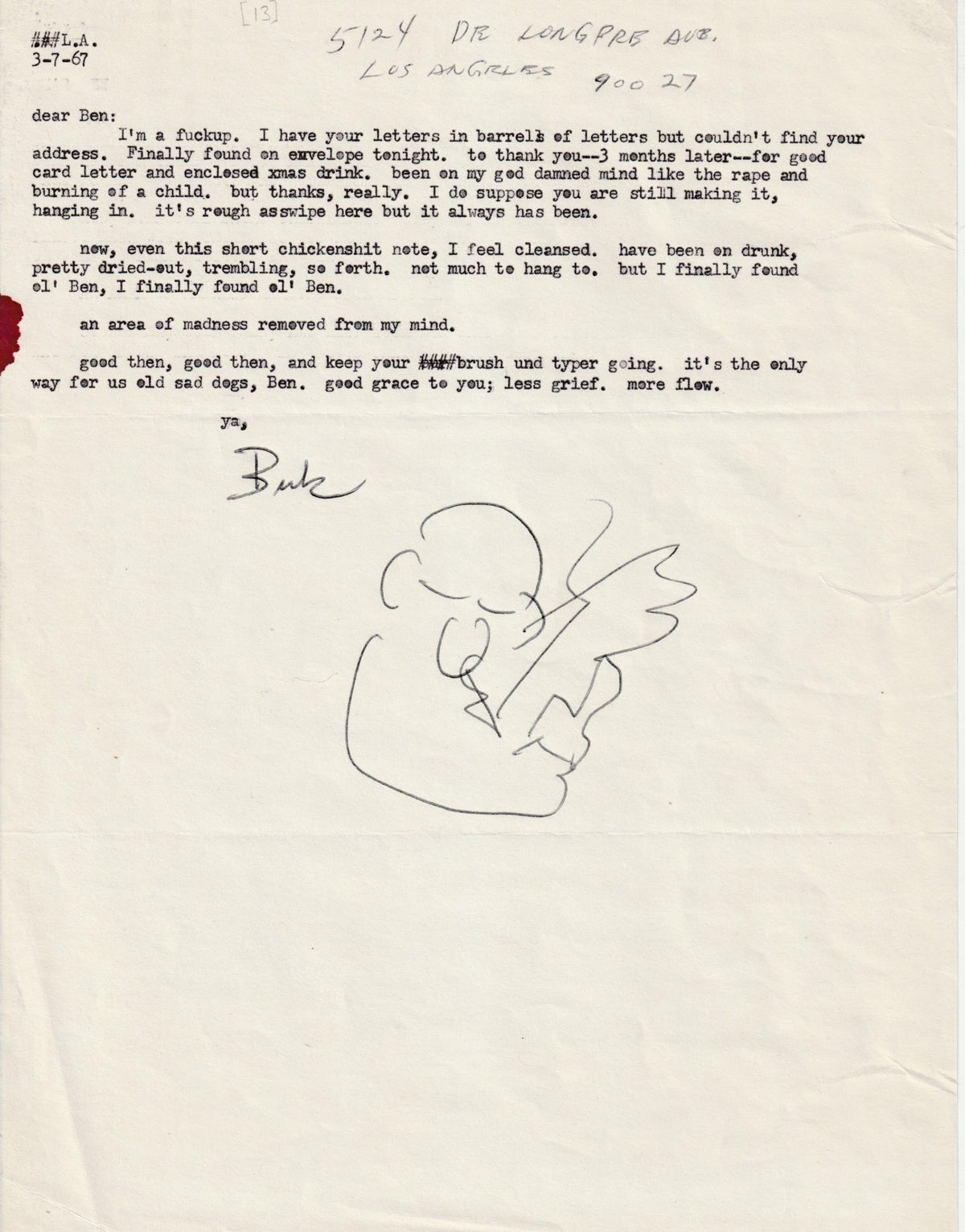 Charles Bukowski Letters to Ben Tibbs, 1963-1967 — Eleven Original Letters with Drawings