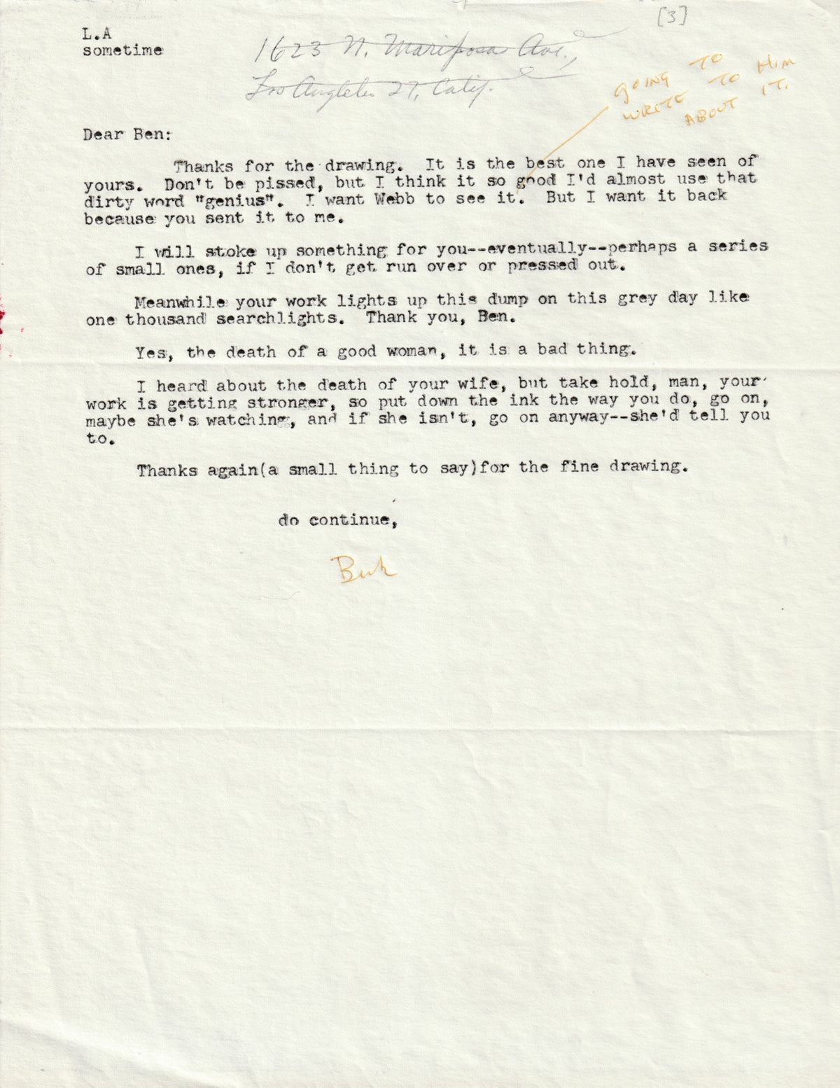 Charles Bukowski Letters to Ben Tibbs, 1963-1967 — Eleven Original Letters with Drawings