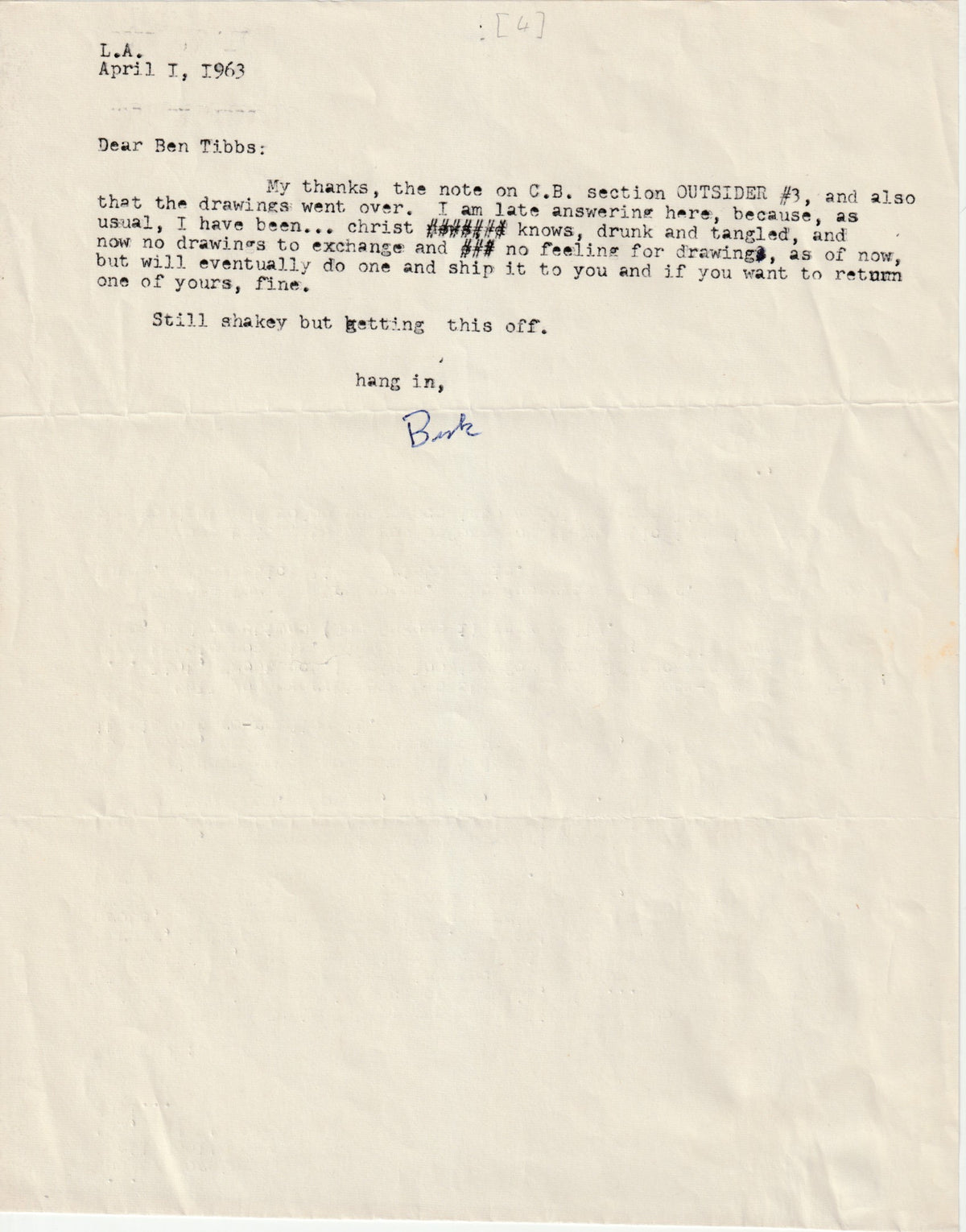 Charles Bukowski Letters to Ben Tibbs, 1963-1967 — Eleven Original Letters with Drawings