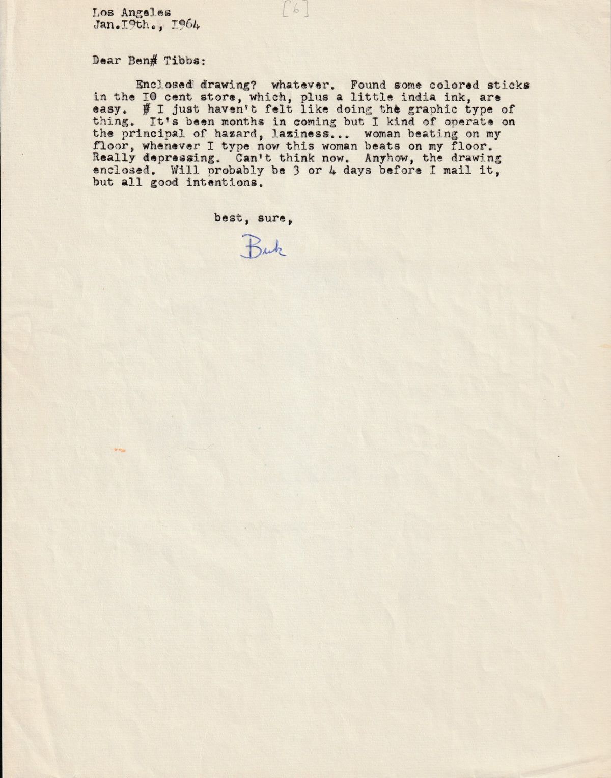 Charles Bukowski Letters to Ben Tibbs, 1963-1967 — Eleven Original Letters with Drawings