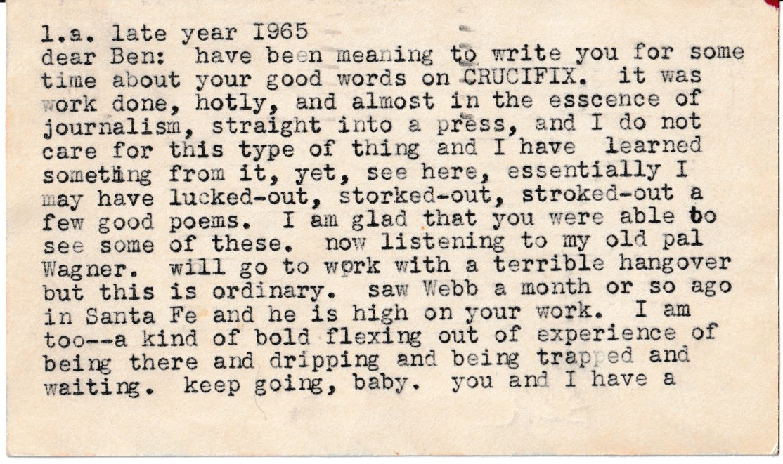 Charles Bukowski Letters to Ben Tibbs, 1963-1967 — Eleven Original Letters with Drawings