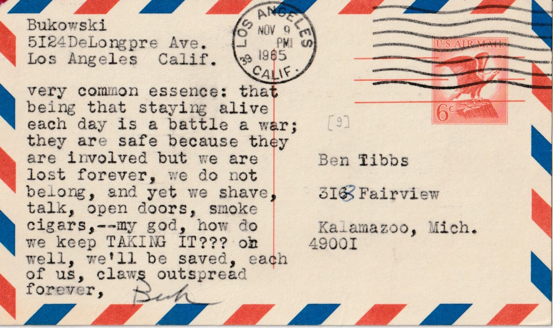 Charles Bukowski Letters to Ben Tibbs, 1963-1967 — Eleven Original Letters with Drawings