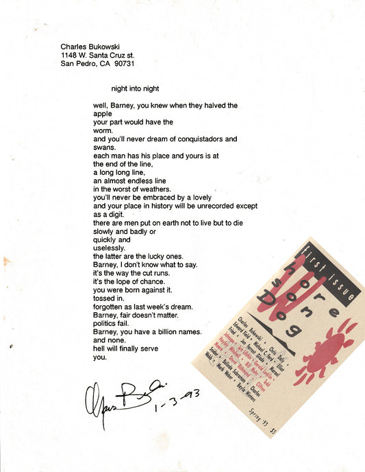 Signed Manuscript by Charles Bukowski: Night Into Night