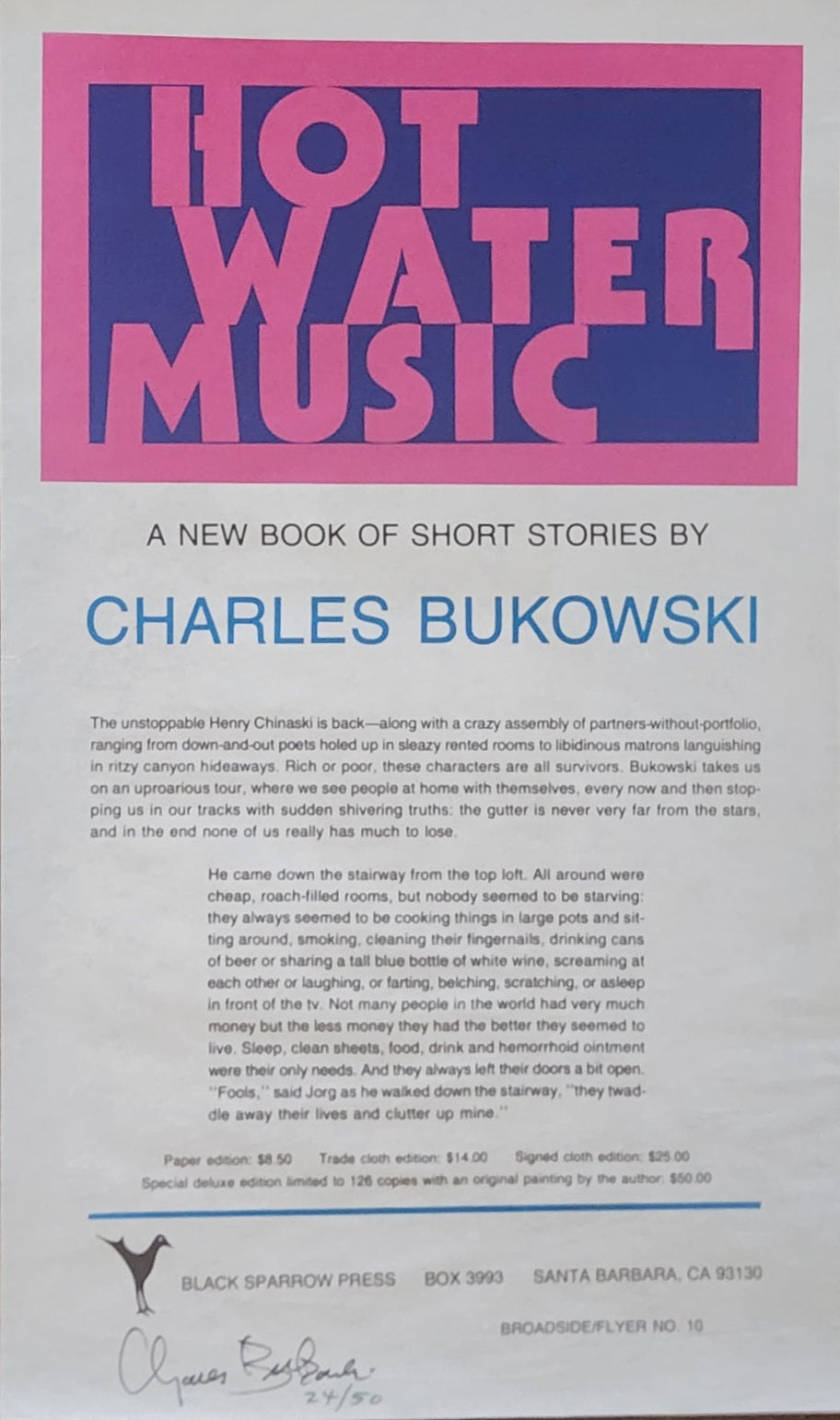 Hot Water Music Broadside: #24/50 Signed by Charles Bukowski