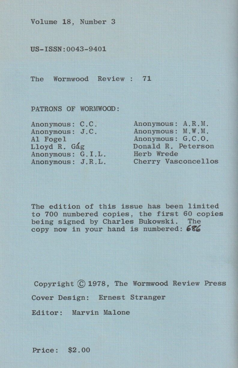 Wormwood Review 71 #686/700 -- Charles Bukowski Chapbook with 41 Poems, Nine Uncollected (1978)