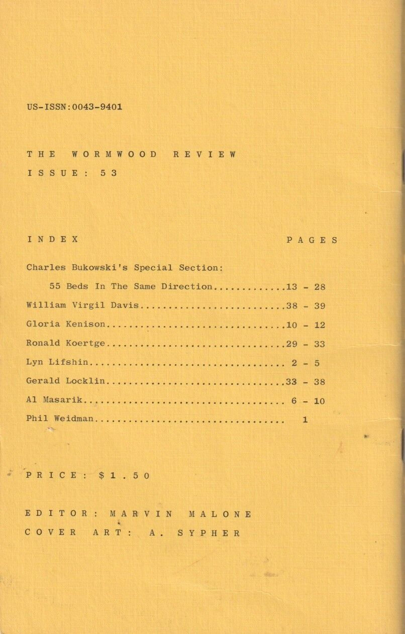 Wormwood Review 53 #483/700 – 55 Beds In The Same Direction Special Charles Bukowski Section (1974)