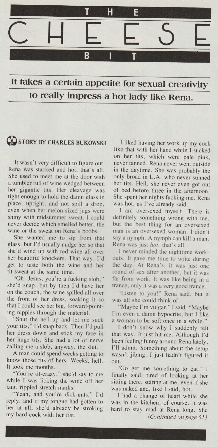 Fling November 1986 -- Uncollected Short Story by Charles Bukowski with Spain Rodriguez Art: The Cheese Bit (1986)