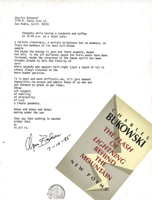 Signed Manuscript by Charles Bukowski: thoughts while having a sandwich and coffee at 12:45 p.m. at a local café