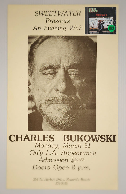 Bukowski’s Final Public Reading: Poster for Sweetwater and Rhino First Issue Hostage CD