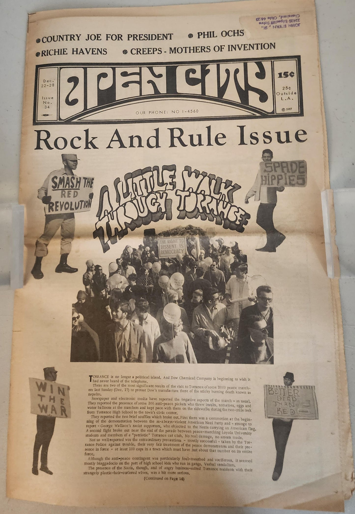 OPEN CITY No. 34, Dec. 22–28, 1967 — Bukowski Christmas Story, Mothers of Invention, Phil Ochs, Richie Havens, Dow Chemical Napalm Protest