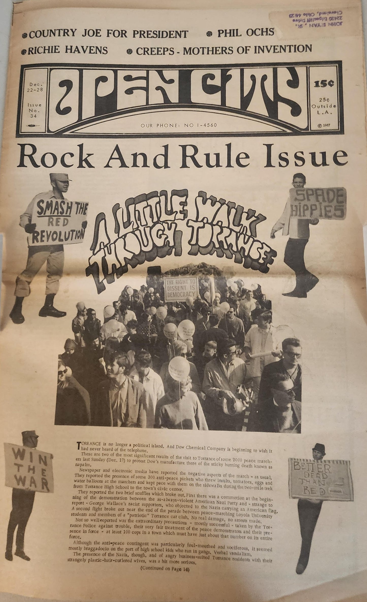 OPEN CITY No. 34, Dec. 22–28, 1967 — Bukowski Christmas Story, Mothers of Invention, Phil Ochs, Richie Havens, Dow Chemical Napalm Protest